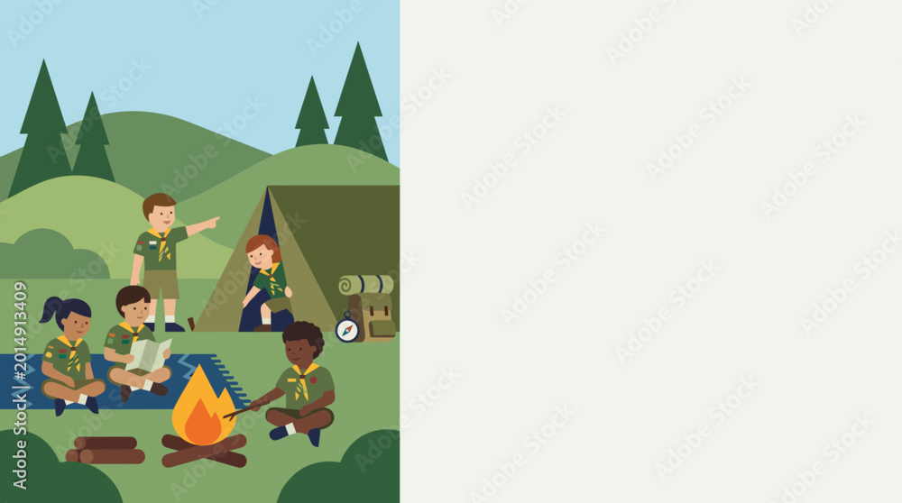 Fototapeta premium Scout group camping in the forest by a campfire pixel art