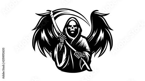 Schilderij op canvas Winged Grim Reaper Holding Scythe Death Mascot Vector Illustration