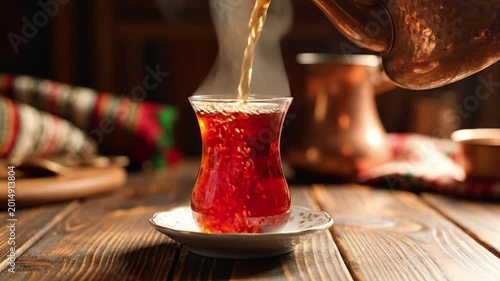 Pouring hot traditional black tea from a copper teapot into a curved glass on a rustic wooden table, steam rising, cozy atmosphere