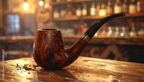A wooden smoking pipe on a rustic table