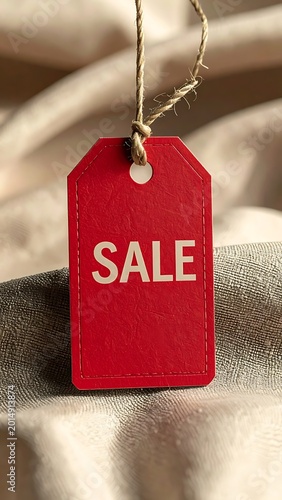 Red sale tag on fabric background.