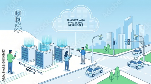 Edge computing nodes illustration showing telecom data processing near users in a smart city environment.