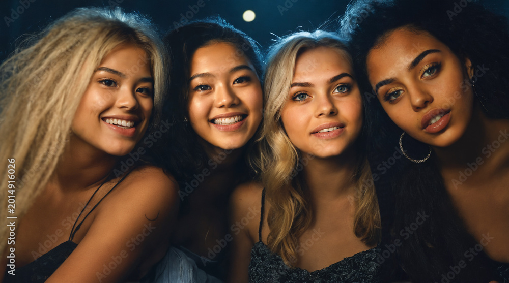 Obraz premium Multicultural young attractive women, 4 girls in group at nightlife as friends ahving fun together