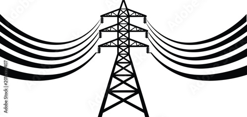 Foto Stylized black silhouette of a high-voltage electricity pylon with curved power