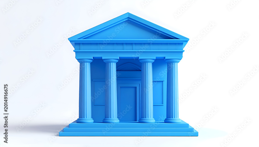 Fototapeta premium Minimalist Blue Bank Building Facade with Columns.