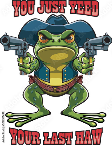 Cartoon style cowboy frog pointing guns