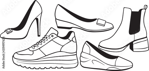 Vector shoes, footwear icons, high heel, boots, sneakers, flat shoes