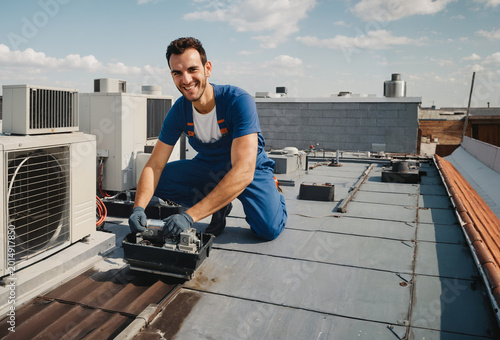 Happy worker in overall repairing or installing heat pump on roof, maintaining ventilation system, air conditioner, technical worker on house roof