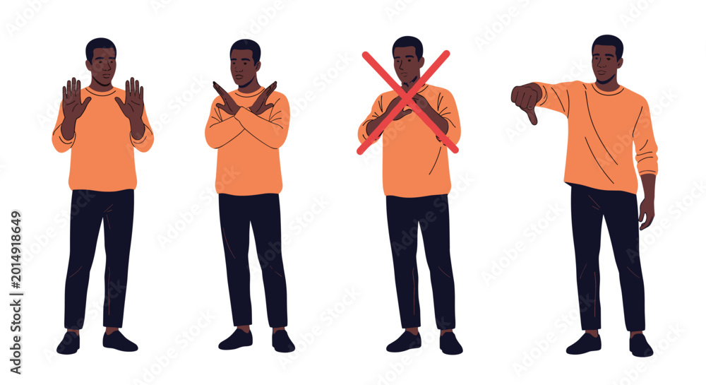 Obraz premium African American man in orange sweater showing various negative body language gestures including stop hand and thumbs down.