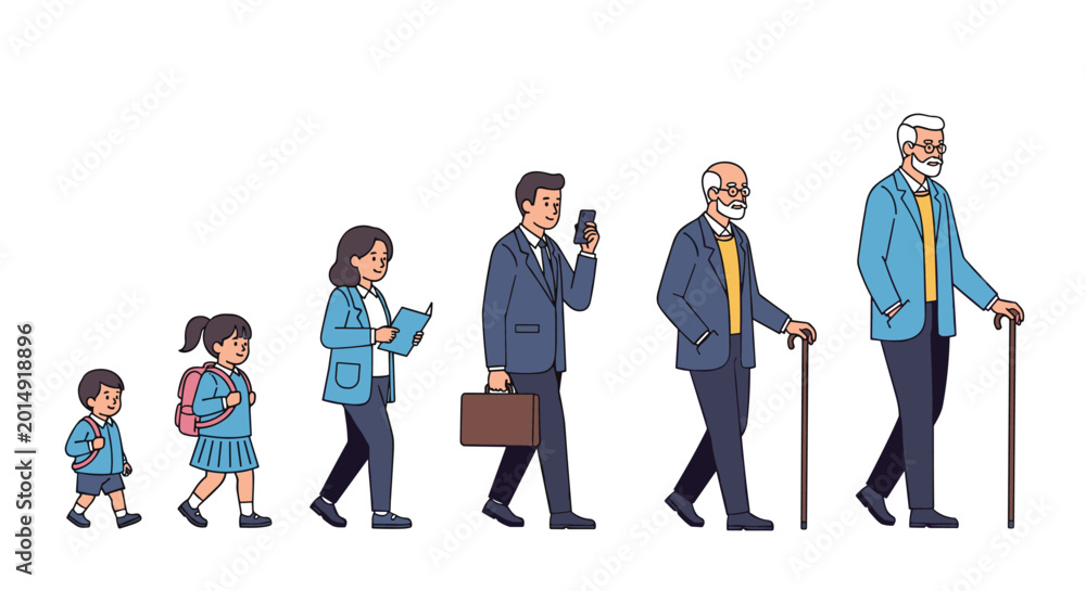 Fototapeta premium Illustration showing the human life cycle of a male from a young child through adulthood and into late seniority using various life items.