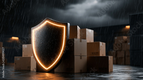 Warehouse Disaster Prevention Concept With Glowing Shield Protecting Cardboard Boxes From Rain, Cargo Insurance and Logistics Safety Background