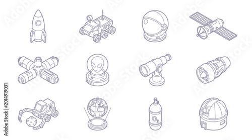 Space Exploration Icons: Rocket, Rover, Astronaut Helmet, Satellite, Telescope, UFO