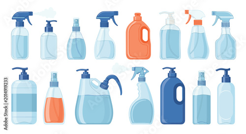 Selection of plastic cleaning spray bottles and liquid containers in different shapes and various shades of blue.