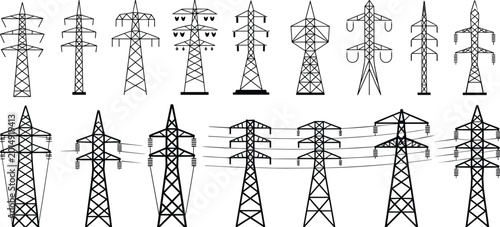 Cuadro en lienzo Collection of diverse electrical transmission towers and pylons in silhouette an