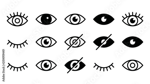 Quadro su tela Set of eye icons and closed eyelids with black and white collection minimalist