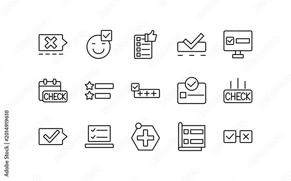 Obraz premium Checkmark line icon set. Checklist, verified, confirm, agree, success, verification, wrong, UI thin vector icon pack.