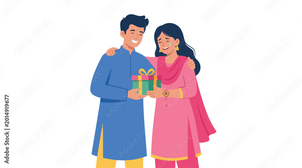 Obraz premium Brother gifting a present to his sister during Raksha Bandhan festival, celebrating Indian culture and sibling love with joy and happiness