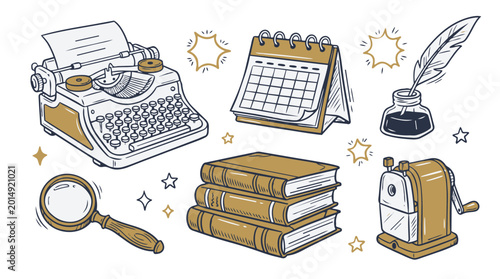 Cuadro en lienzo Vintage Office and Writing Stationery Doodle Set with Typewriter, Books, and Cal