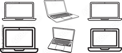 Laptop computer icons, line art laptops, vector illustrations, blank screen devices, tech graphics