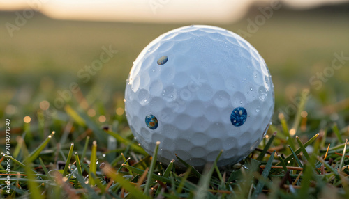 Golfball mit blauen Planeten Motiven auf Tautropfen Gras