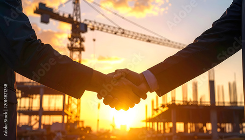 Construction Site Handshake at Sunset Symbolizing Partnership and Success.