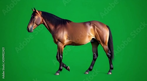 Brown horse walking against a green background stock footage