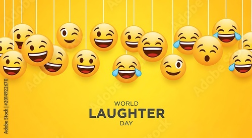 Celebration of world laughter day with many yellow happy smiling and crying laughter emoji faces
