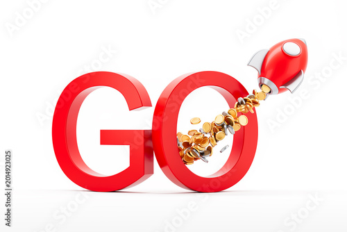 Fotografia GO text with dynamic rocket blasting coins forward in creative concept scene on clean white background for motivation and progress theme