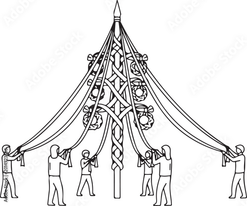 Foto Black and white illustration of people decorating maypole with ribbons and flowe