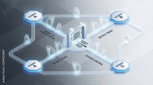 Zero Trust principle security architecture with identity verification, device trust, and network segmentation infographic concept.