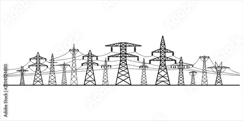 Fotografía A Horizon of Diverse Electricity Transmission Towers and Power Lines high voltag