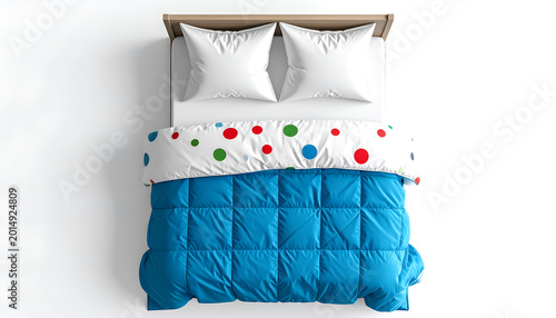 Top View of a Cozy Bed with Colorful Polka Dot Comforter.