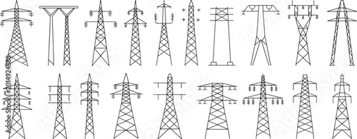 Slika na platnu Collection of various black outline electricity pylons and transmission towers o