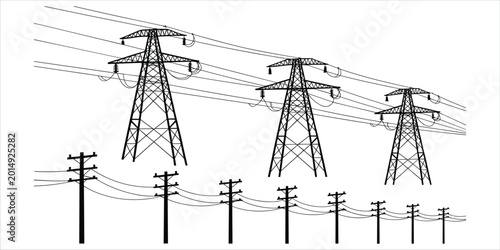 Bild auf Leinwand Three Tall Power Line Towers and Multiple Shorter Utility Poles with Wires elect