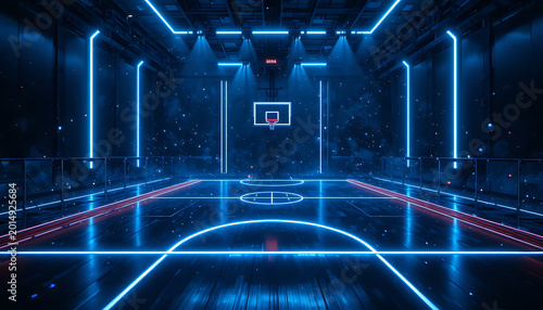 Neon-lit basketball court, empty indoor arena with blue and red lights neon lights empty stadium blue lights
