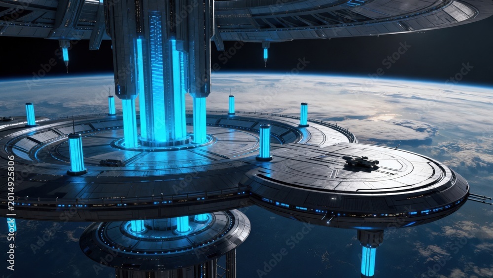 Fototapeta premium Futuristic space station orbiting planet