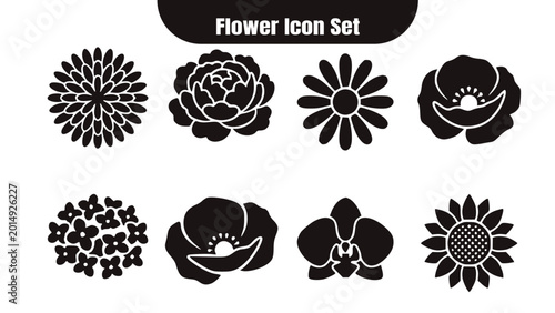 Tableau sur toile Flat Flower Icon Set - Collection of Black Floral Silhouettes for Design