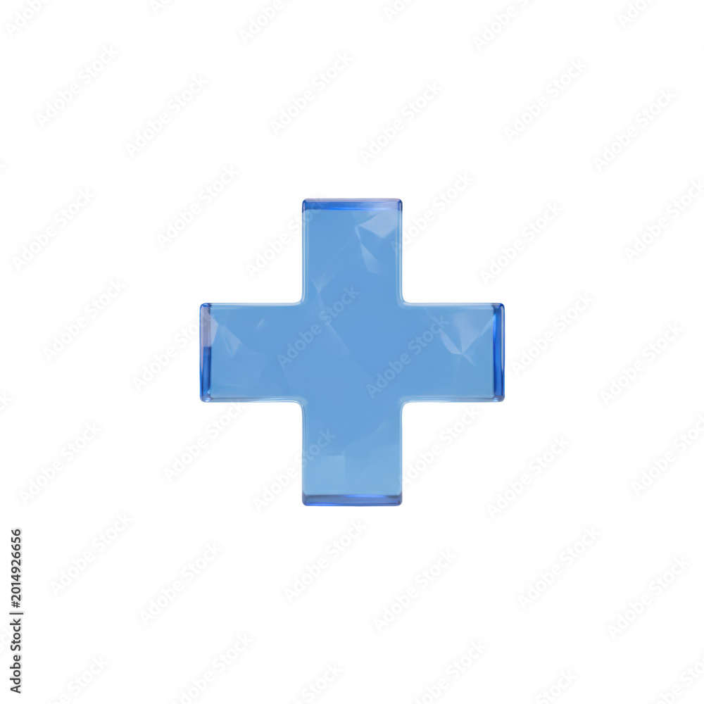 Fototapeta premium Polished translucent blue sapphire cross floating above a white background, soft diffused light and ethereal rim glow, minimalist medical innovation atmosphere