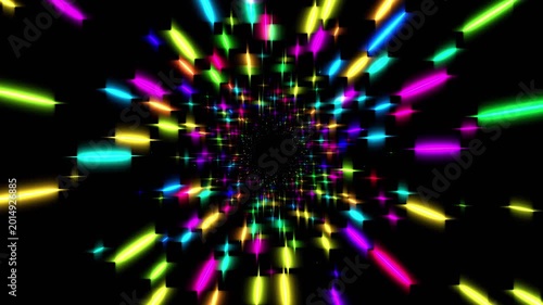 Space speed background animation with neon laser beams on black, 3D abstract science fiction hyperspeed background, 4k computer graphics animation.