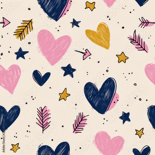 Seamless pattern with hand-drawn hearts, stars, arrows, and leaves in navy, pink, and mustard tones on a soft cream background for creative design projects