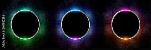 Colorful round shape buttons with neon halftone glow on black background.