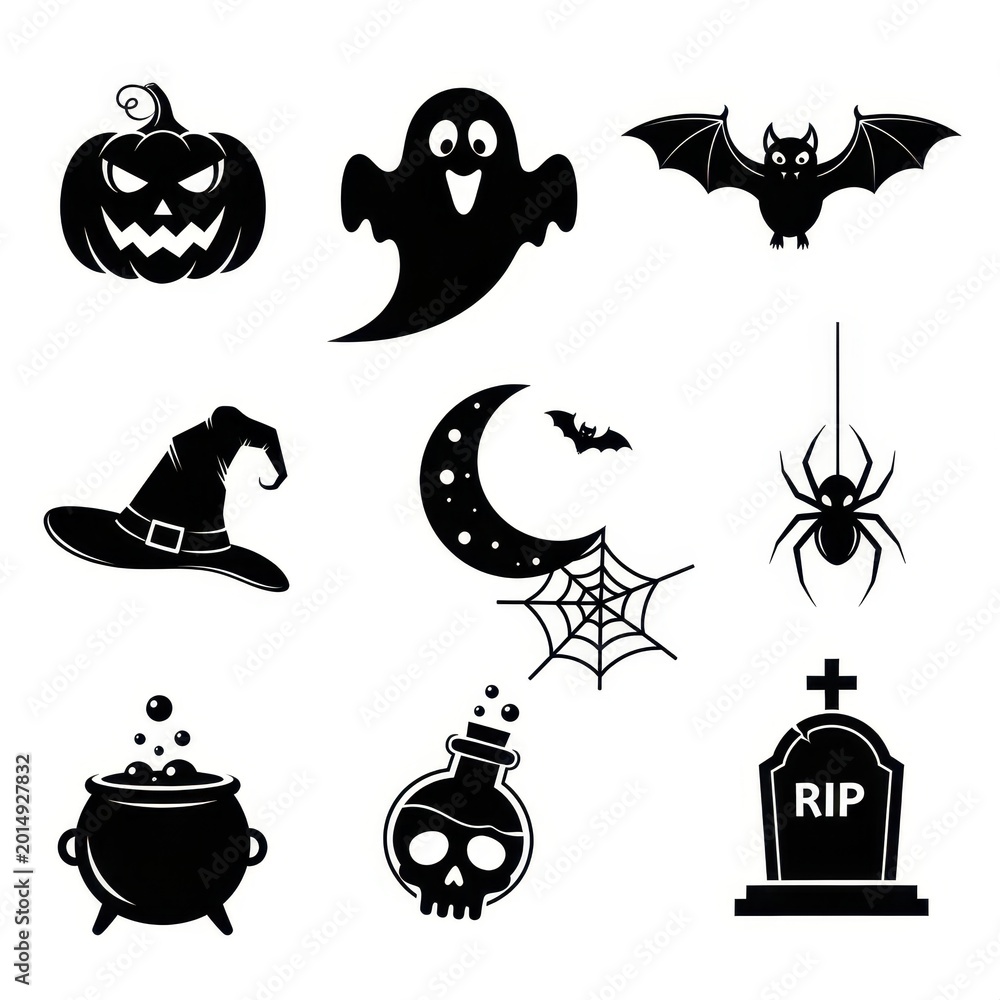 Obraz premium Spooky Halloween Icons - Pumpkin, Ghost, Bat, Witch Hat, Moon, Spider, Cauldron, Skull, Tombstone.