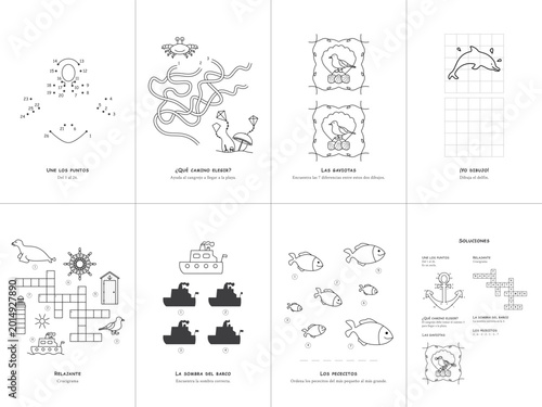 Принти на полотні Set of 7 kids sea activity games, Spanish language, educational worksheet, vector illustration, No