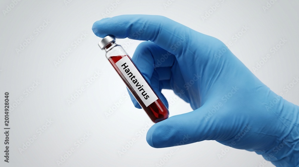 Obraz premium Gloved hand holding a Hantavirus sample vial, symbolizing viral research and global disease control efforts