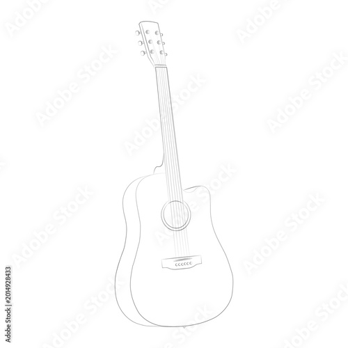 Acoustic guitar line art illustration isolated on white background. Black and white acoustic guitar vector sketch. Acoustic guitar coloring page for kids and adults
