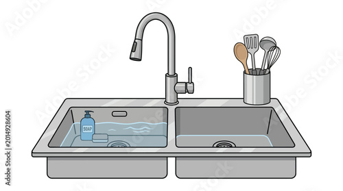 Cuadro en lienzo Kitchen sink with faucet and dishware vector illustration on white background