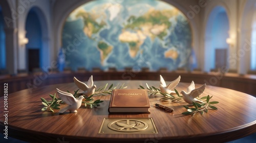 Global peace concept with white doves and olive branches on wooden table, international diplomacy room with world map background, symbolic unity