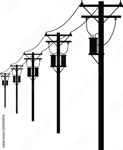Bilde på lerret Silhouette of multiple utility poles with transformers and power lines receding