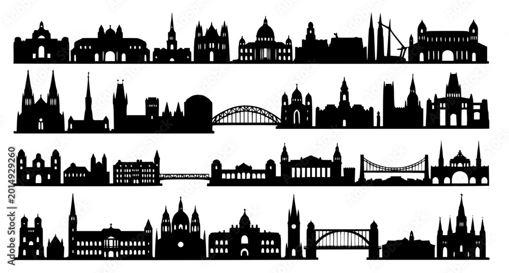 Fototapeta premium Set of detailed city skyline silhouettes featuring iconic historical buildings, cathedrals, bridges, and urban architectural landmarks in a clean black and white vector art.