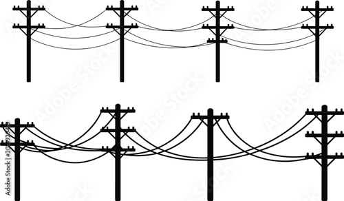 Fotografie Two Rows of Silhouetted Utility Poles Connected by Overhead Electrical Wires Aga